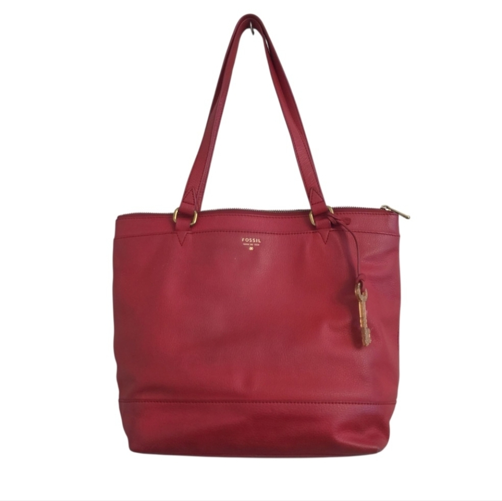 Fossil Pebble Leather Medium Tote Bag Real Red Shoulder Bag Purse